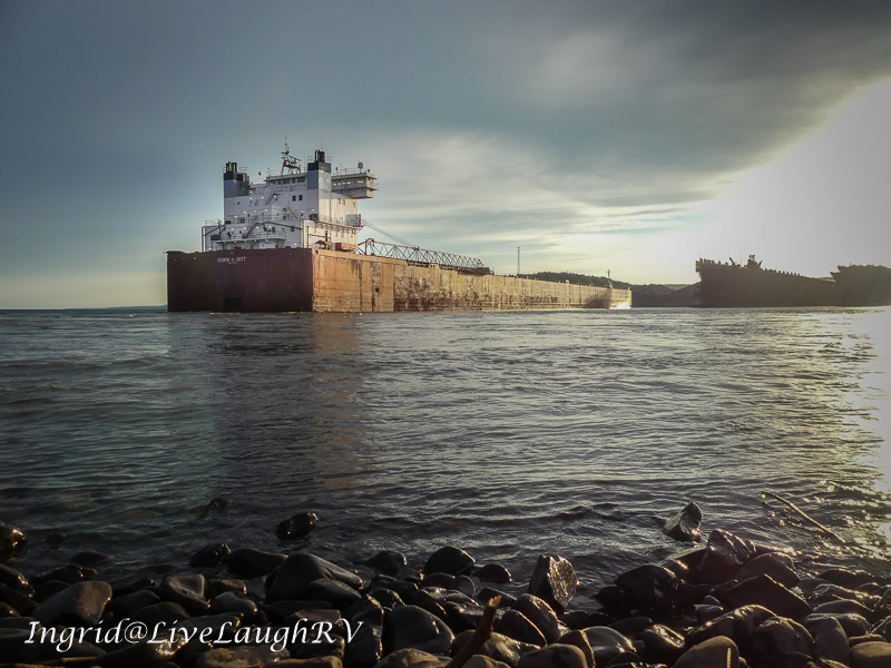 An Ore ship pulling into docks in Two Harbors Minnesota Agate Bay