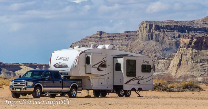 F250 Truck and a Keystone fifth wheel camped near the shores of Lake Powell, Page, Arizona