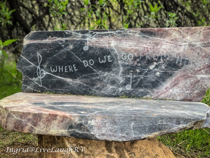 quote carved in a stone bench Where do we go from here