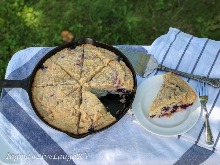 blueberry coffee cake baked in a cast iron skillet